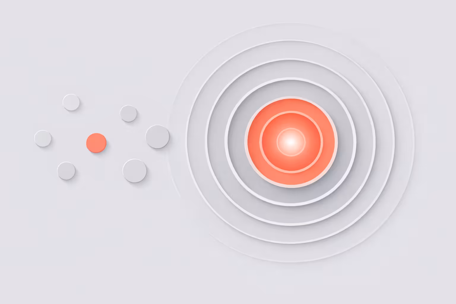 Abstract image with small gray and red circles on the left. On the right, concentric circles radiate from a glowing red center, creating a sense of focus.