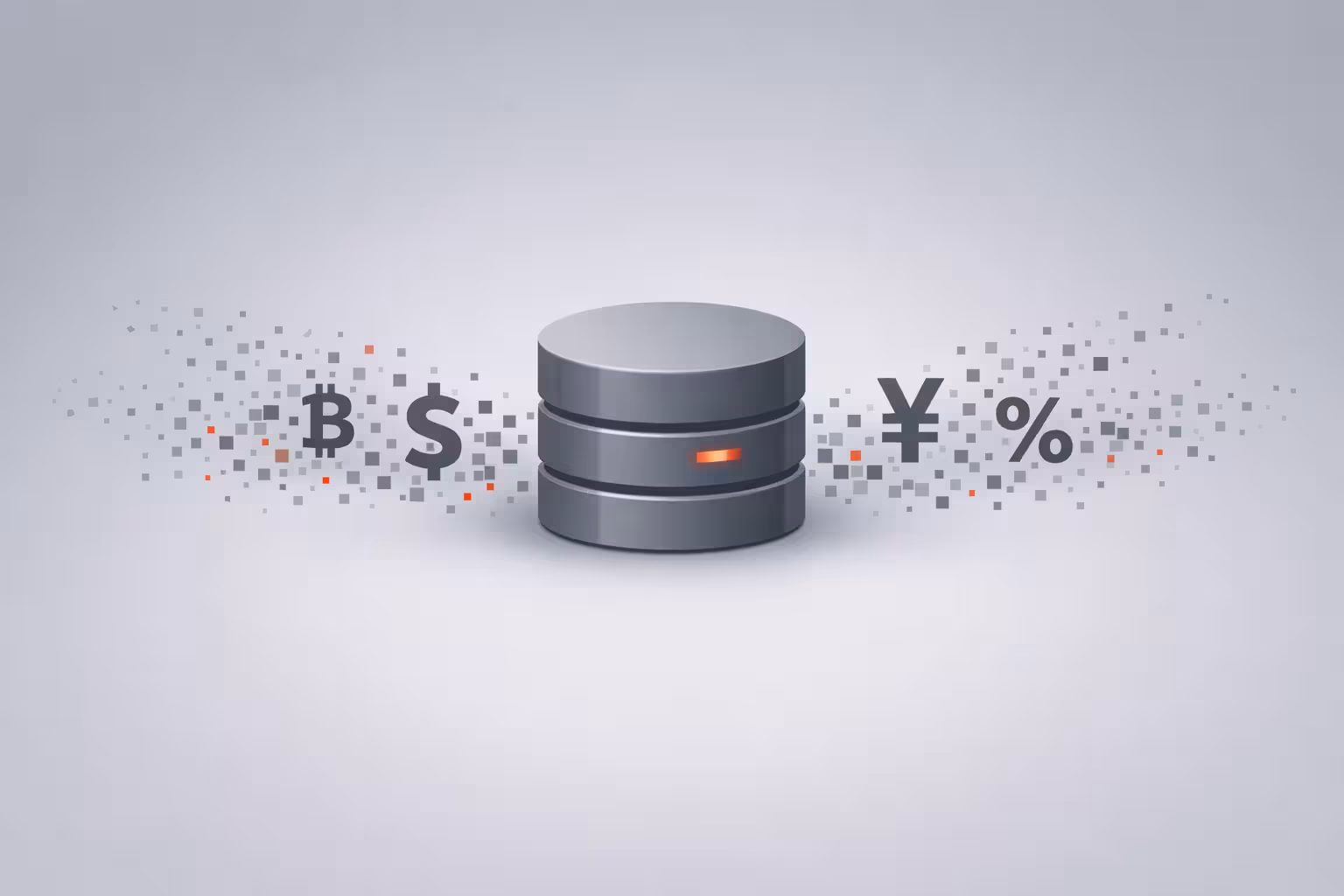 Graphic of a metallic database cylinder with currency symbols (Bitcoin, Dollar, Yen) and percentage sign, surrounded by digital squares, symbolizing data flow.